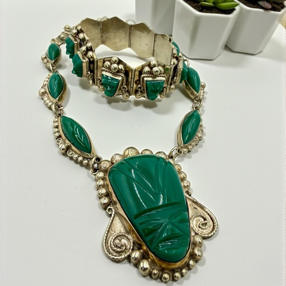 Vintage Mexico Sterling Green Onyx Aztec Mask Necklace Bracelet Set 17” & 7” - Picture 4 of 17